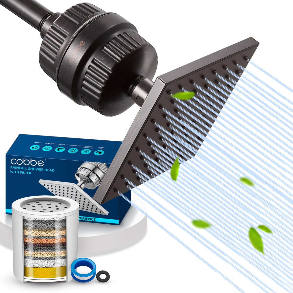 Cobbe High Pressure Filtered Shower Head with Filters for Hard Water Combo