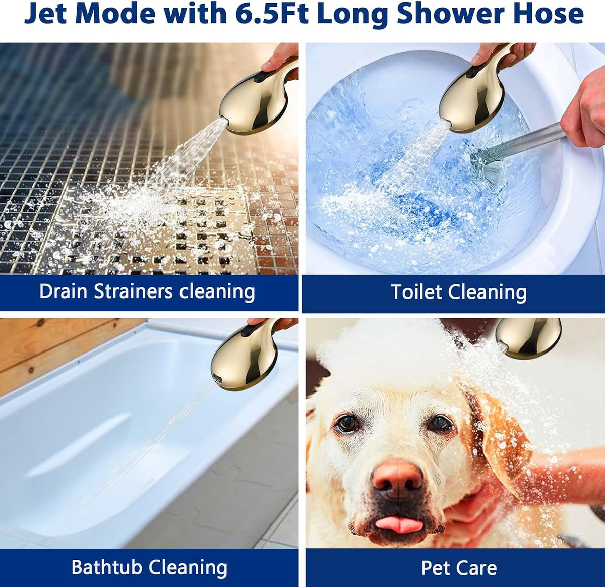 High Pressure 10 Setting Handheld Shower Head, 5" Detachable Showerhead Spray Built-in Power Wash to Clean Tub, Tile & Pets, 79" Extra Long Stainless Steel Hose, Adjustable Bracket - Gold