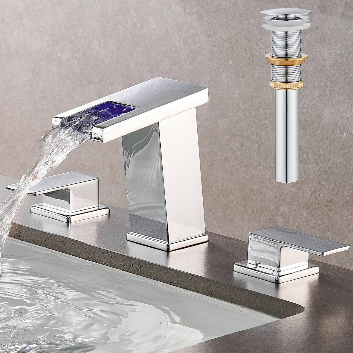 AVSIILE LED Bathroom Faucet 3 Hole, Matte Black Waterfall Bathroom Faucets