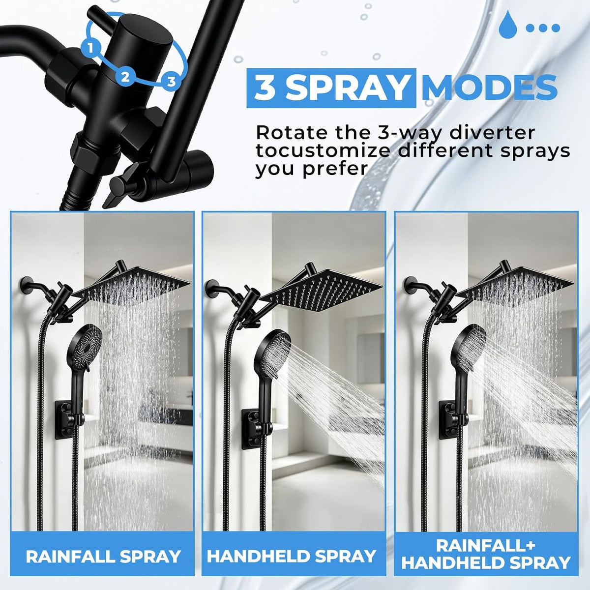 Shower Head, 8 inch Multifunction High Pressure Rain Shower Head with Handheld Spray Combo with 11'' Angle Adjustable Extension Arm/Flow Regulator/Shower System Matte Black