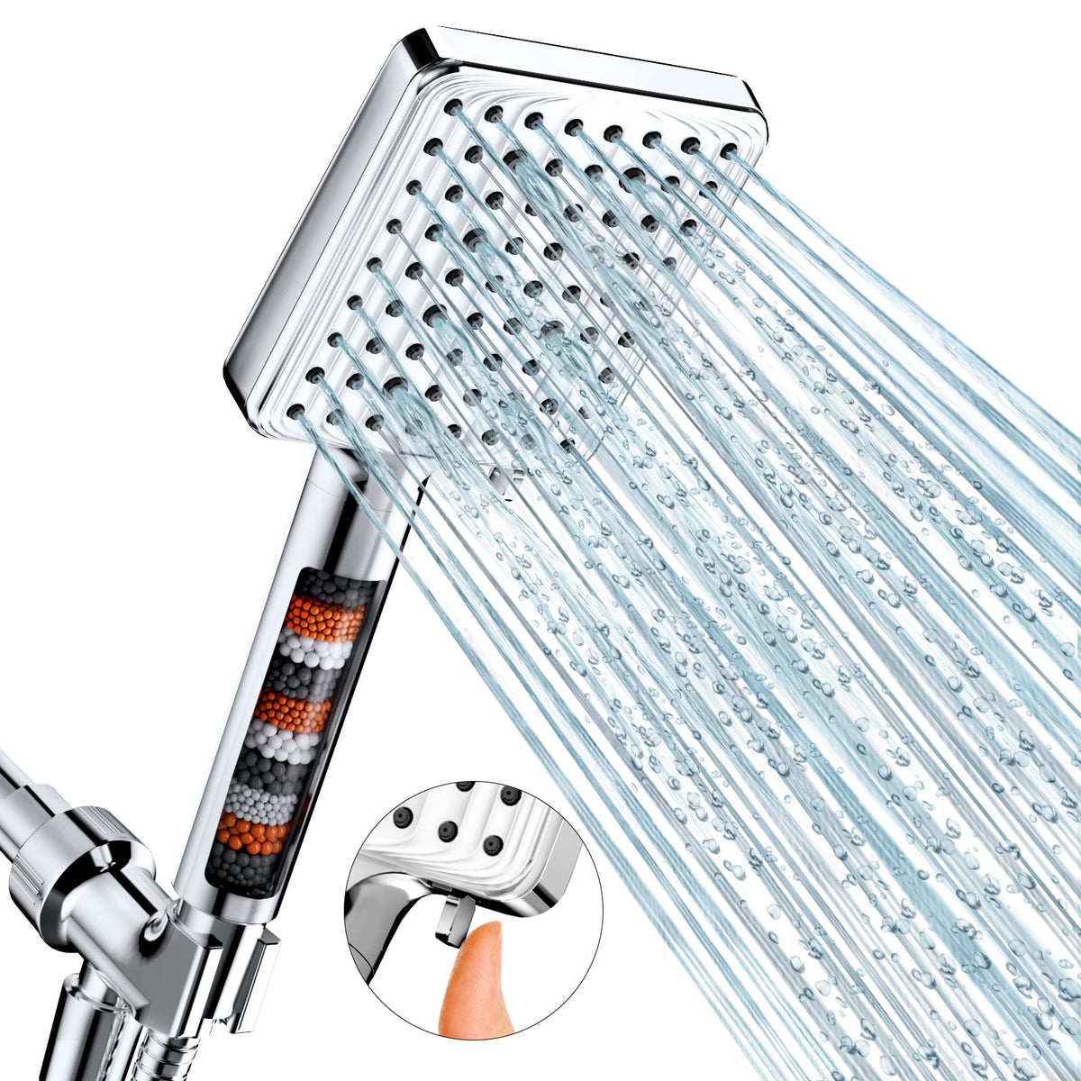 MakeFit Filtered Shower Head Black - 6 Modes High Pressure Handheld Shower Head with Filter Mineral Beads, Detachable Handheld Showerhead Set with Stainless Steel Hose and Shower Arm Bracket
