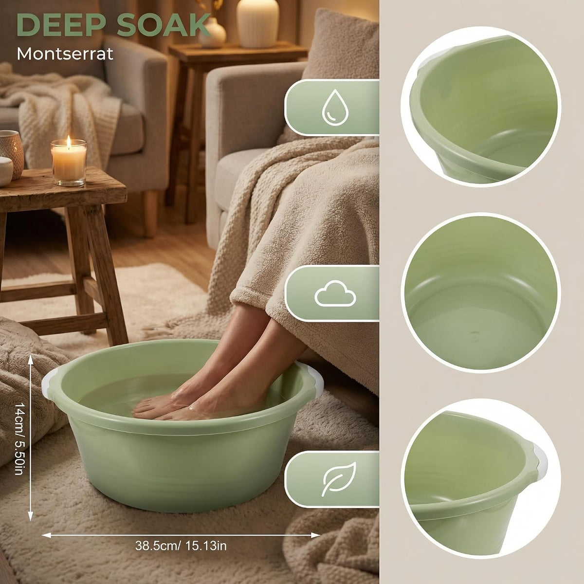 ULTECHNOVO 2 Pack Large Plastic Wash Basin 15 Inch, Round Washbasin for Face & Foot Soaking, Thickened Laundry Dish Pan for Kitchen Sink, Bathroom, Dormitory, Camping (Green)