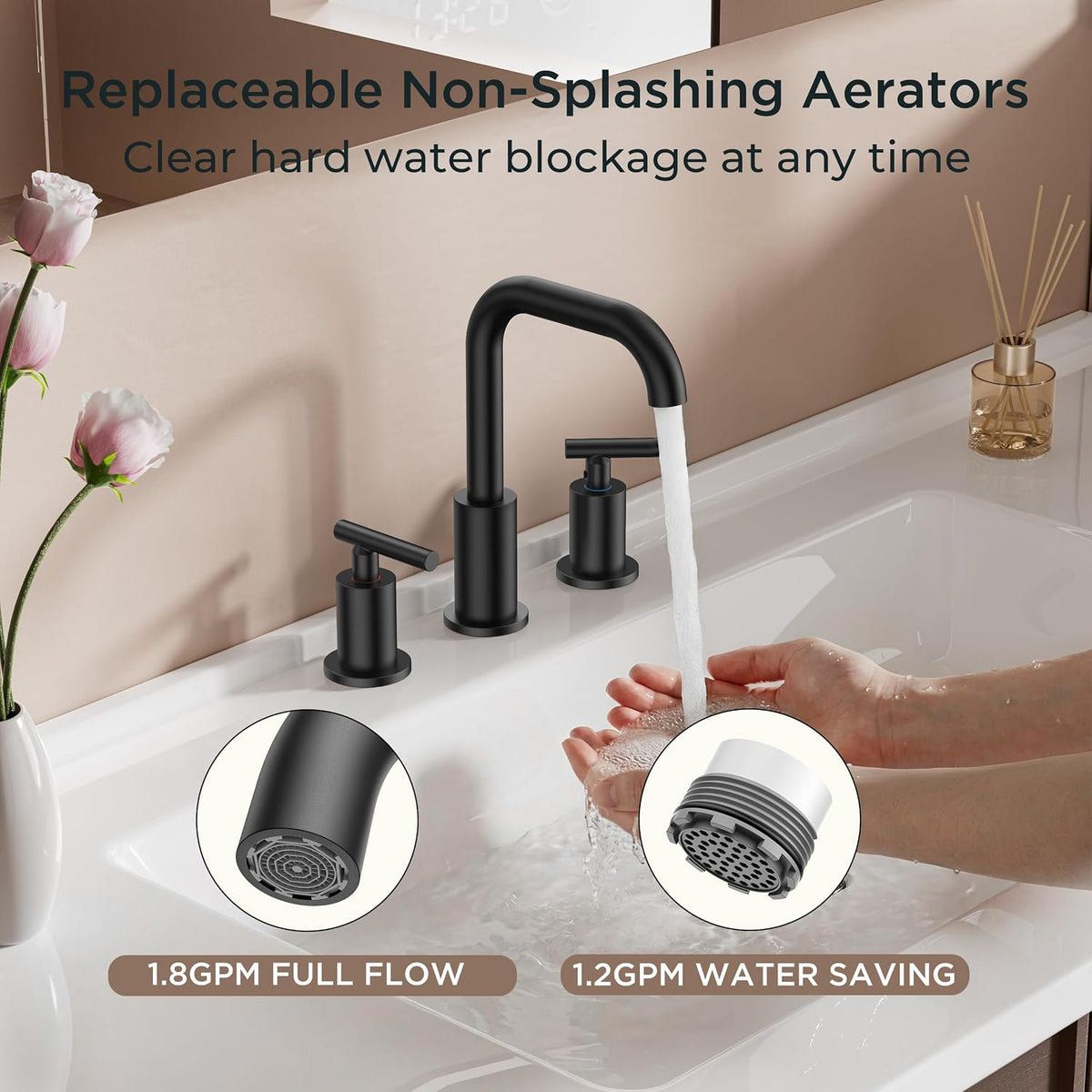 FORIOUS Bathroom Sink Faucet 3 Hole Widespread 8 Inch 2 Handle Matte Black
