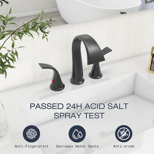 Bathroom Faucets 3 Hole Bathroom Sink Faucet with Pop Up Drain and Water Supply Hoses 8 Inch Waterfall Bathroom Faucet Two Handles for Vanity,Lavatory,Restroom,Commercial,Black
