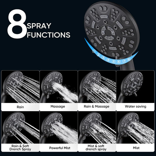 Cobbe 8-Setting Handheld Shower Head, Water-Saving Design, Matte Black