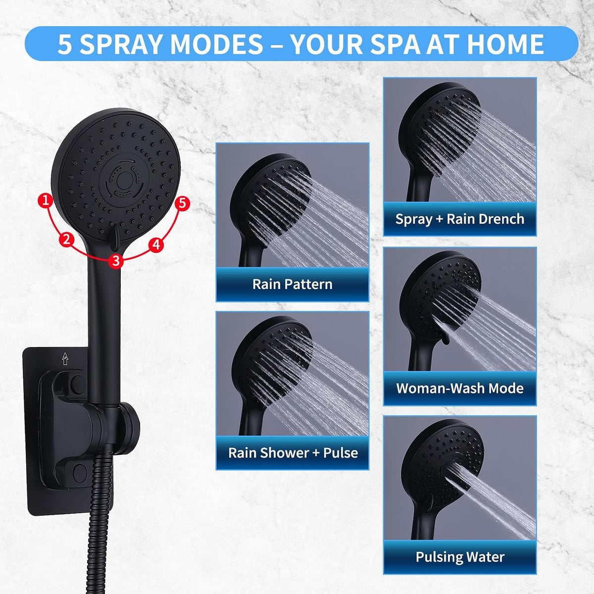 Peicuai Shower Head Combo, 10-Inch High-Pressure Rainfall Shower Head with 11-Inch Adjustable Extension Arm, 5-Setting Matte Black Handheld Shower with Long Hose, Powerful Spray for Low Water Pressure