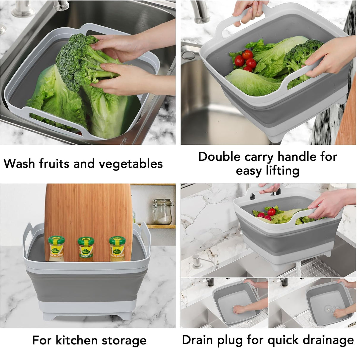Tiawudi Dishpan for Washing Dishes, 2.4Gal/9L Wash Basin with Draining Plug Carry Handles, Collapsible Bucket for Cleaning, Portable Sink, Foldable Plastic Tub, 1PC