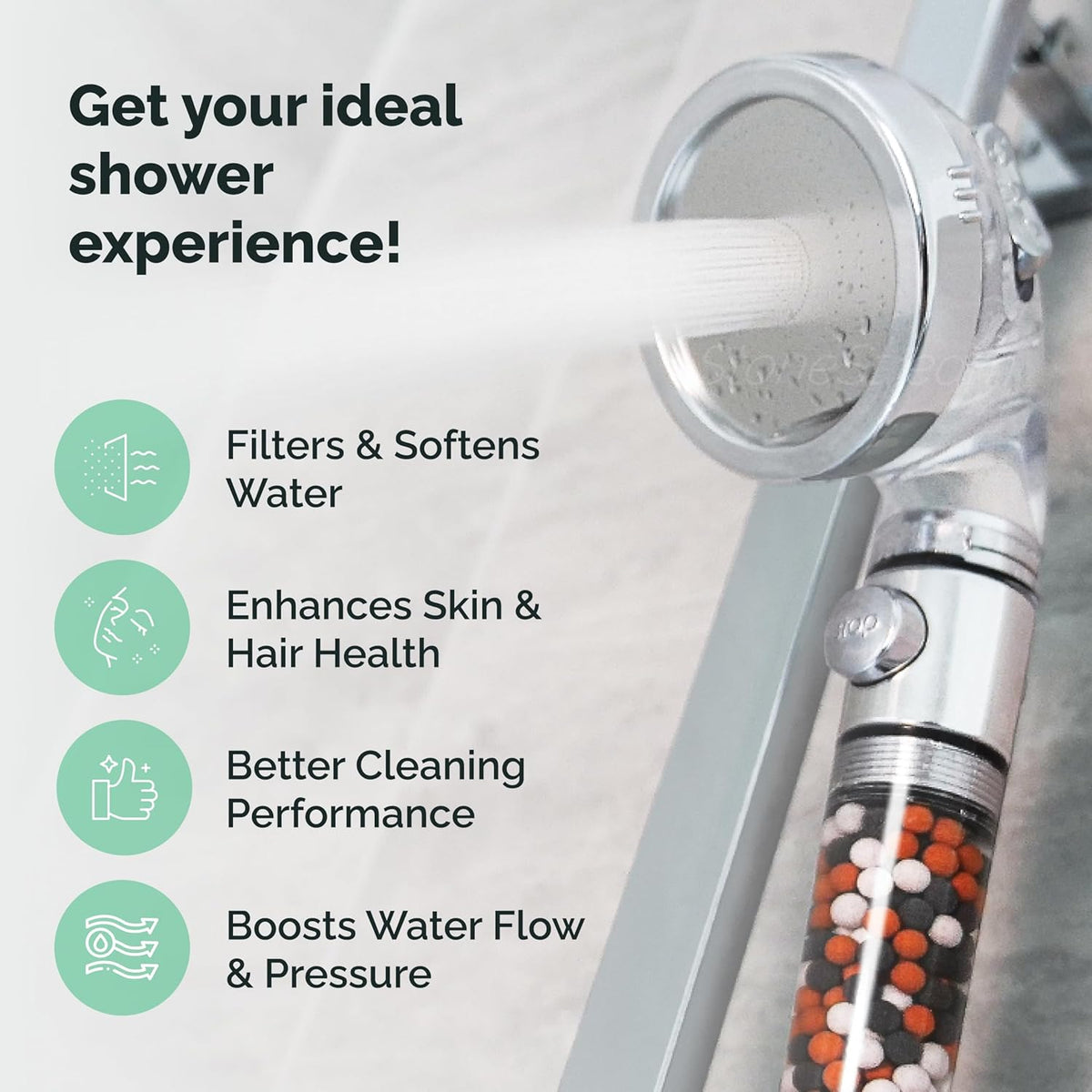 Original StoneStream Filtered Shower Head, Eco Power High Pressure Water Softener Showerhead with ON/OFF switch and Spa like Ionic beads for Dry Skin & Hair — 3 Spray Settings