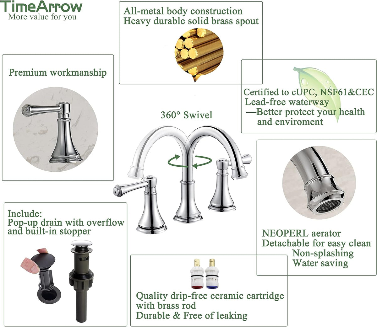 TimeArrow Chrome Widespread Bathroom Sink Faucet 3 Holes with Pop-Up Drain