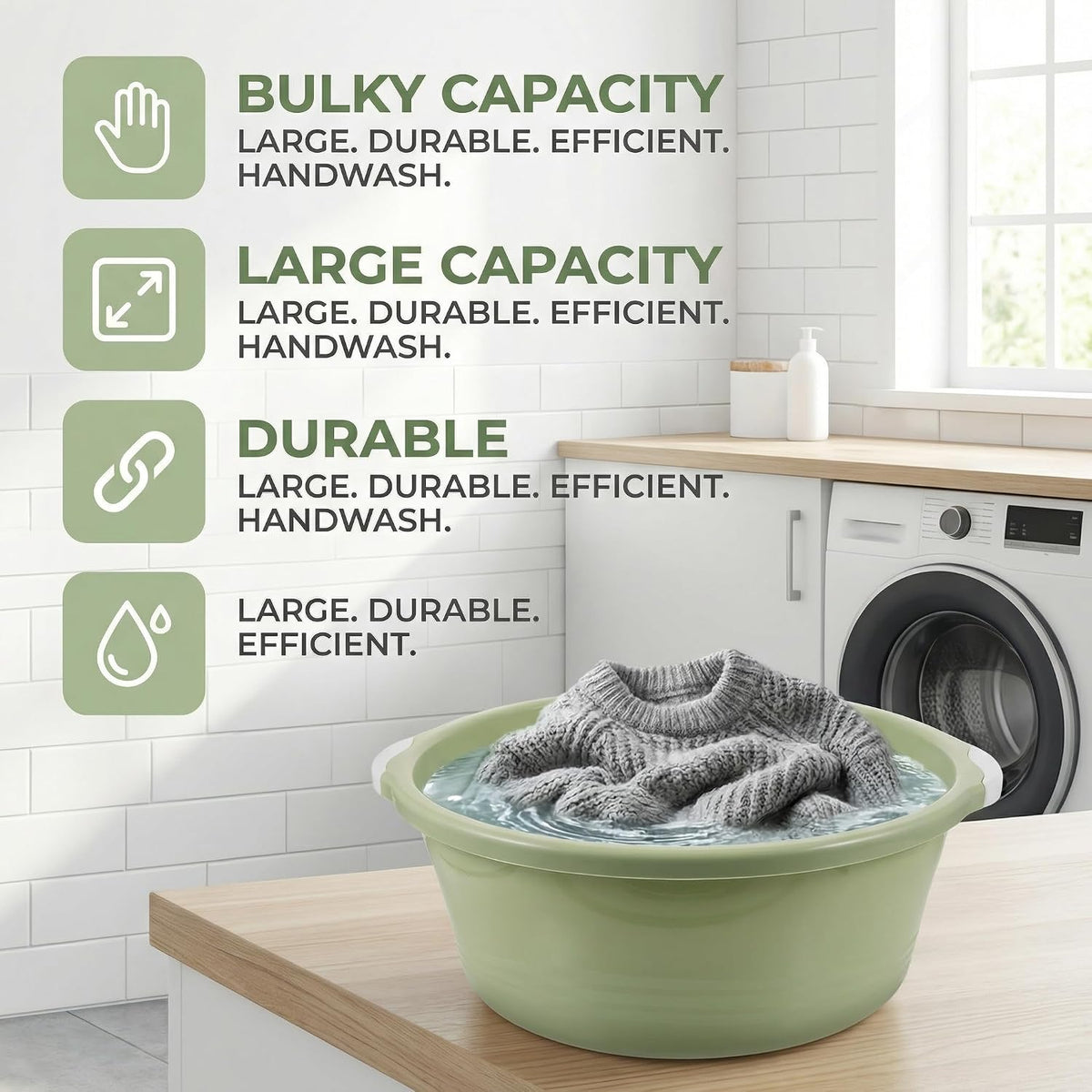 ULTECHNOVO 2 Pack Large Plastic Wash Basin 15 Inch, Round Washbasin for Face & Foot Soaking, Thickened Laundry Dish Pan for Kitchen Sink, Bathroom, Dormitory, Camping (Green)