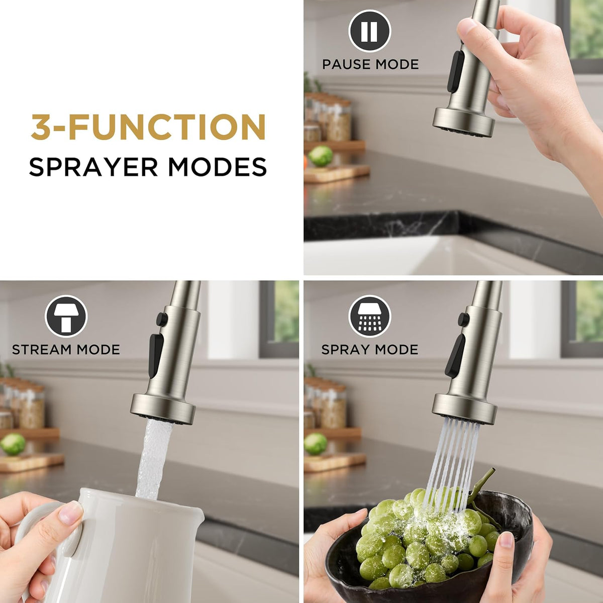 FORIOUS Kitchen Sink Faucet, 3 Modes Sprayer, Single Handle, Brushed Nickel