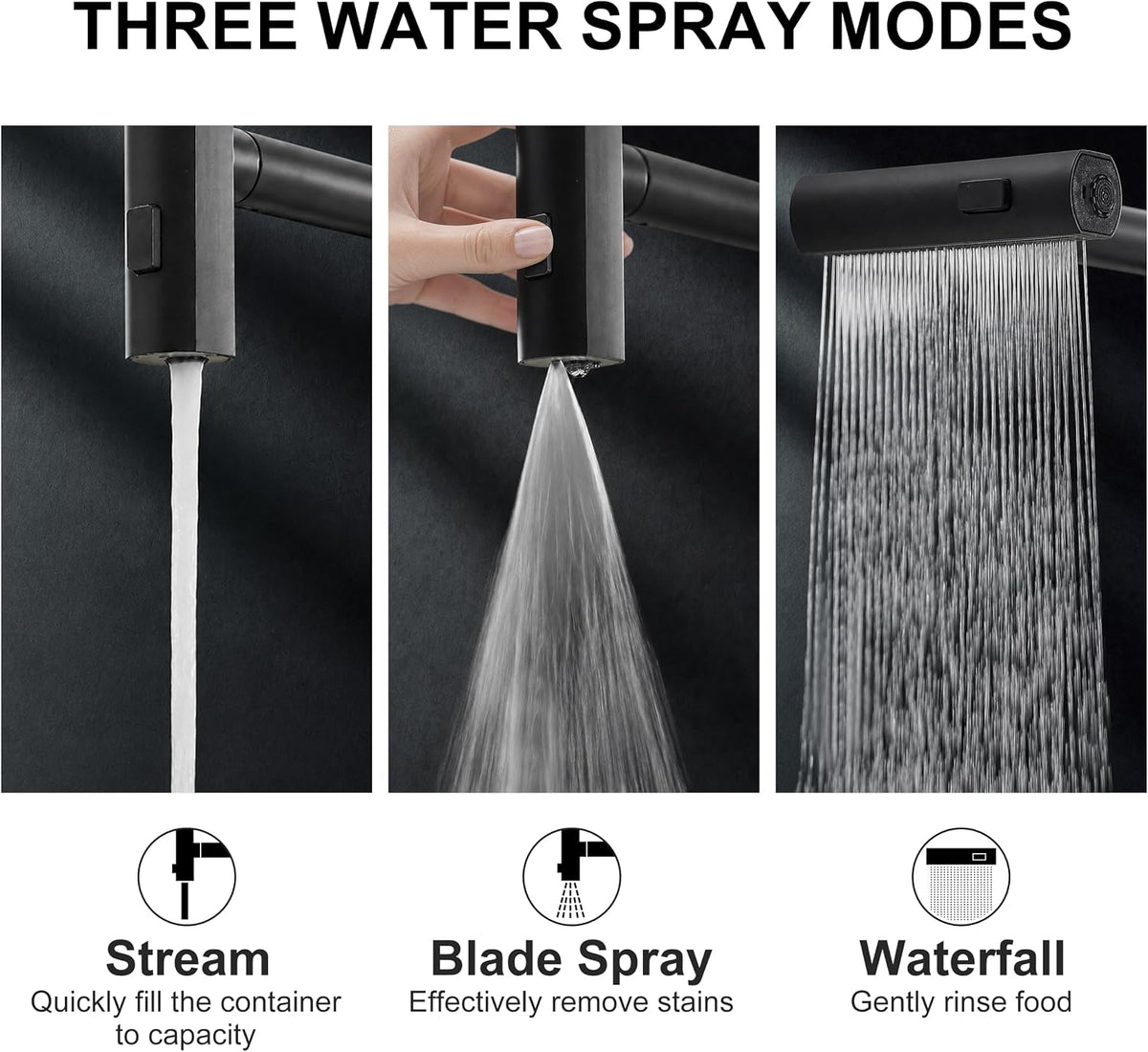 JOOM Black Waterfall Kitchen Faucet with Pull Down Sprayer & Soap Dispenser