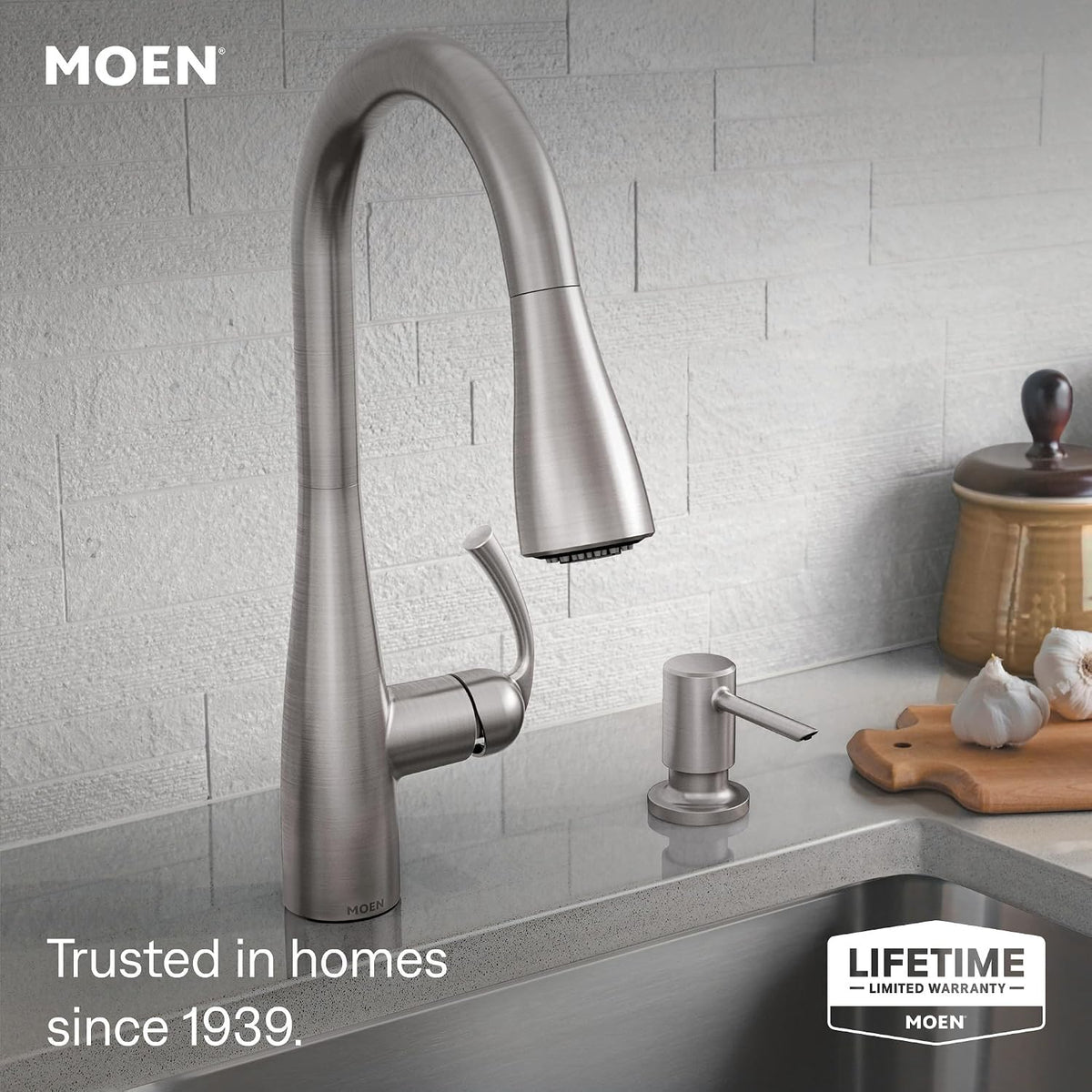Moen Essie Spot Resist Stainless Pulldown Sprayer Kitchen Sink Faucet Set with Modern Pump Soap Dispenser, 87014SRS