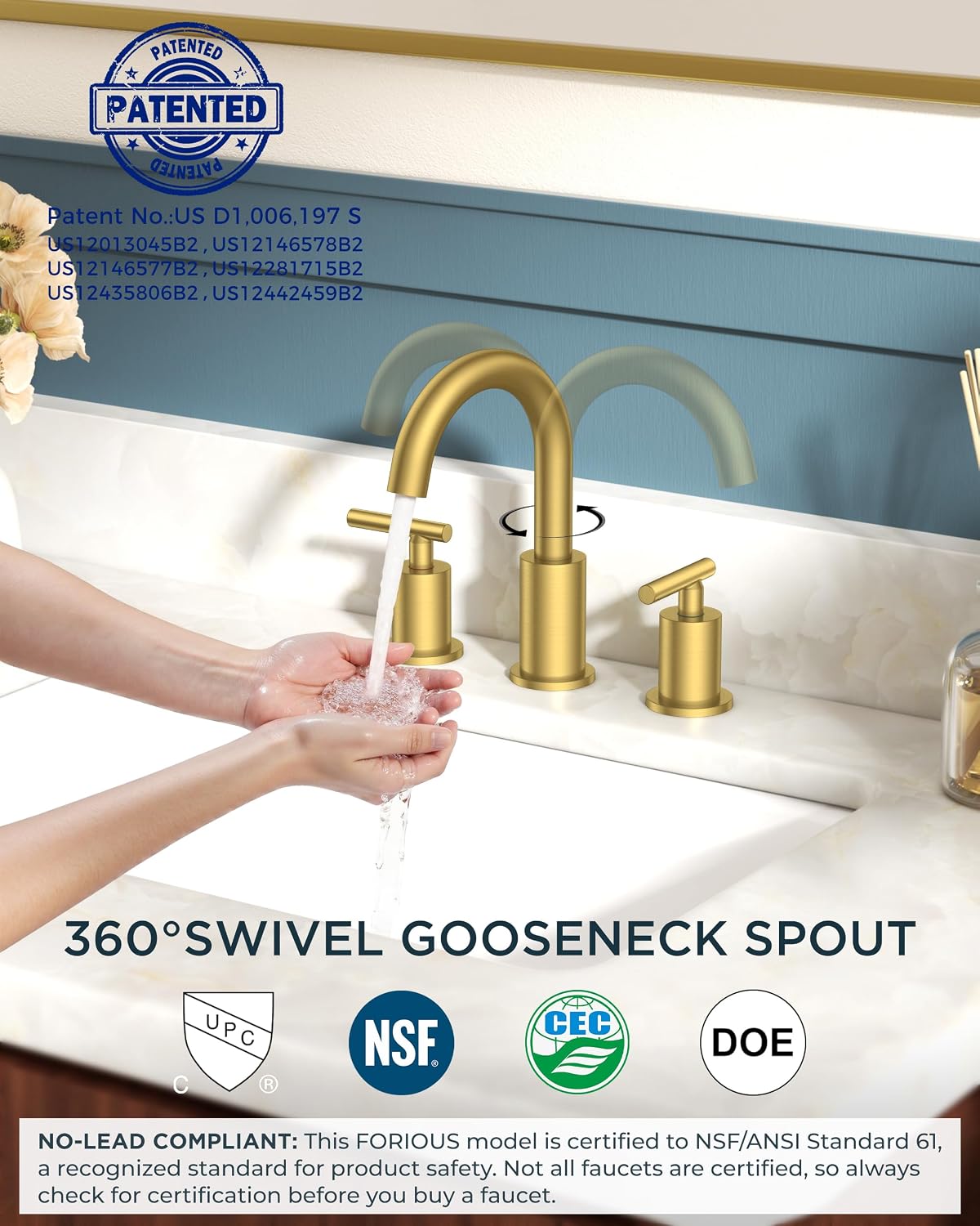 FORIOUS 8 Inch Brushed Gold Bathroom Faucet 3 Hole, Widespread Gold Faucet