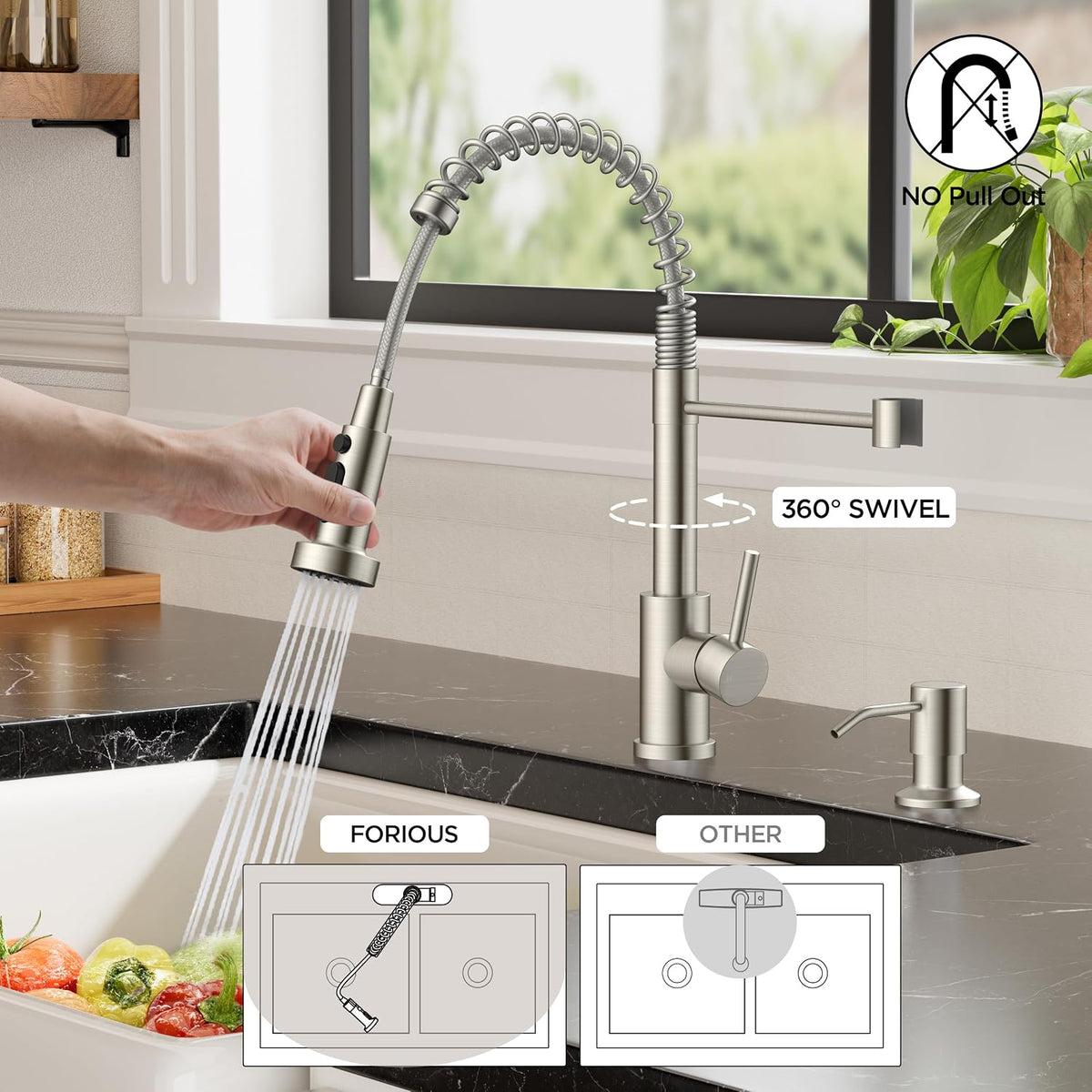 FORIOUS Kitchen Sink Faucet, 3 Modes Sprayer, Single Handle, Brushed Nickel