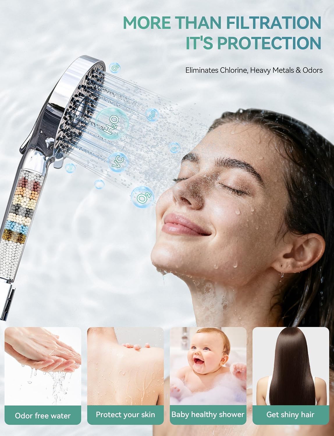 Magichome Filtered Shower Head with Handheld, 10-Mode Adjustable Detachable Chrome Showerhead w/Stainless Hose, Water Softener Filter Beads for Hard Water - Remove Chlorine, Reduce Dry Itchy Skin
