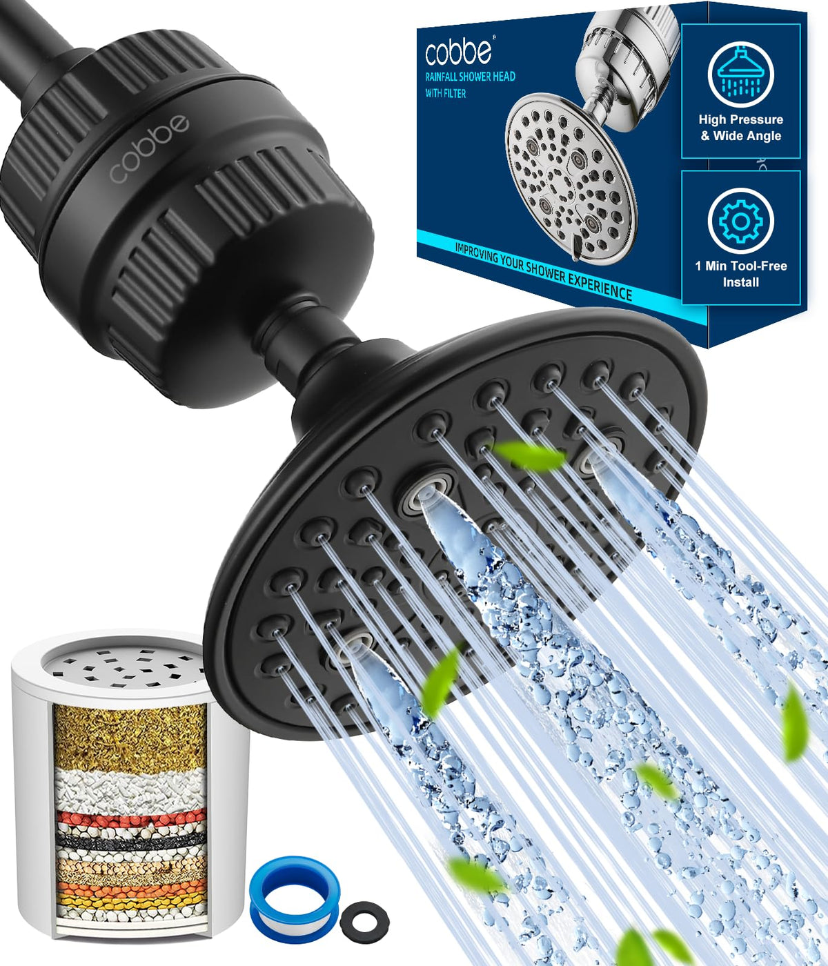 Cobbe High Pressure Filtered Shower Head with Filters for Hard Water Combo