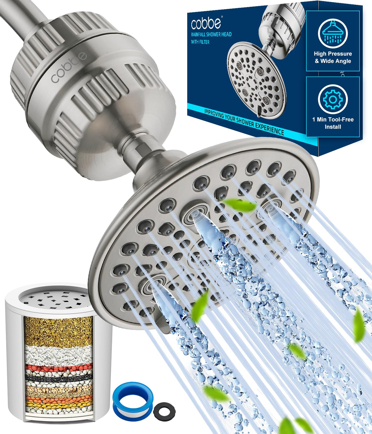 Cobbe High Pressure Filtered Shower Head with Filters for Hard Water Combo