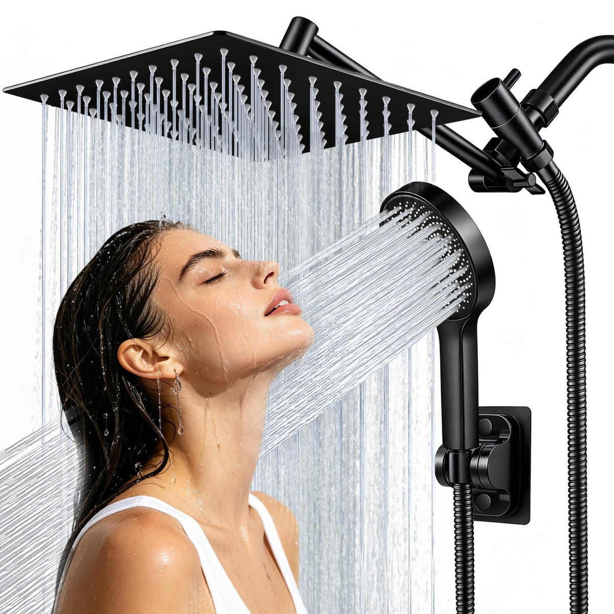 Shower Head, 8 inch Multifunction High Pressure Rain Shower Head with Handheld Spray Combo with 11'' Angle Adjustable Extension Arm/Flow Regulator/Shower System Matte Black