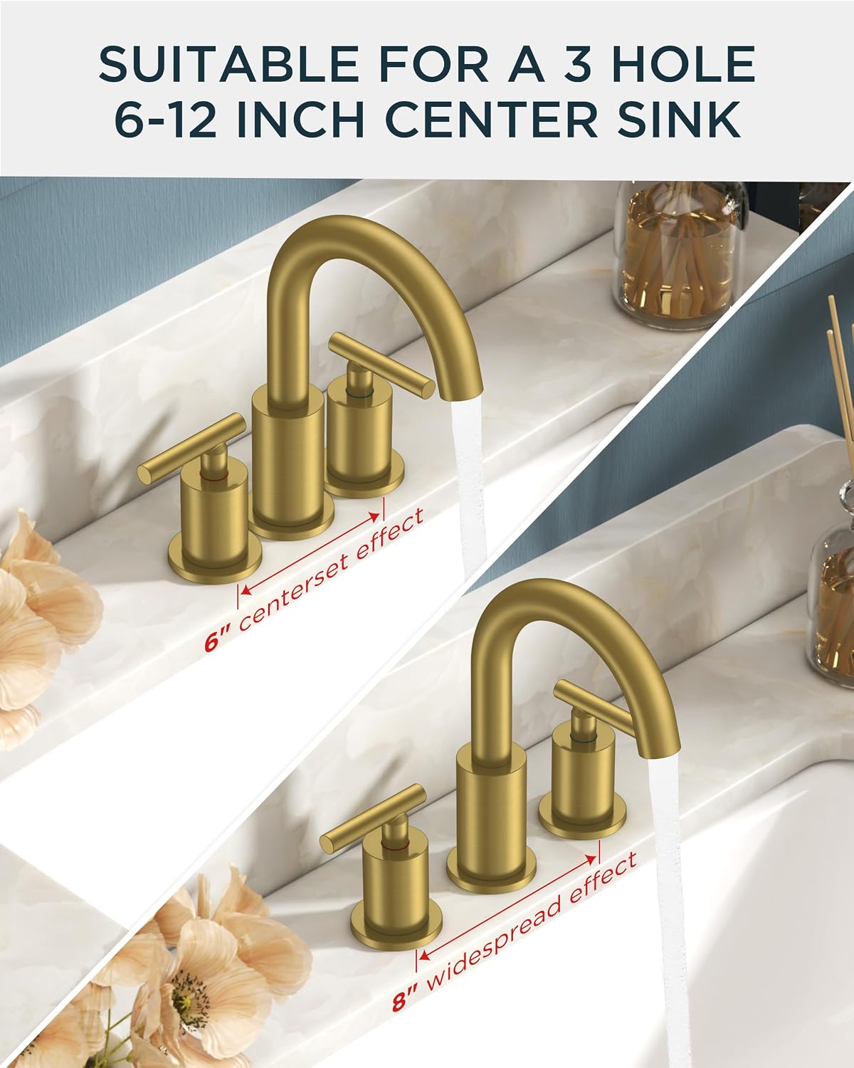 FORIOUS 8 Inch Brushed Gold Bathroom Faucet 3 Hole, Widespread Gold Faucet